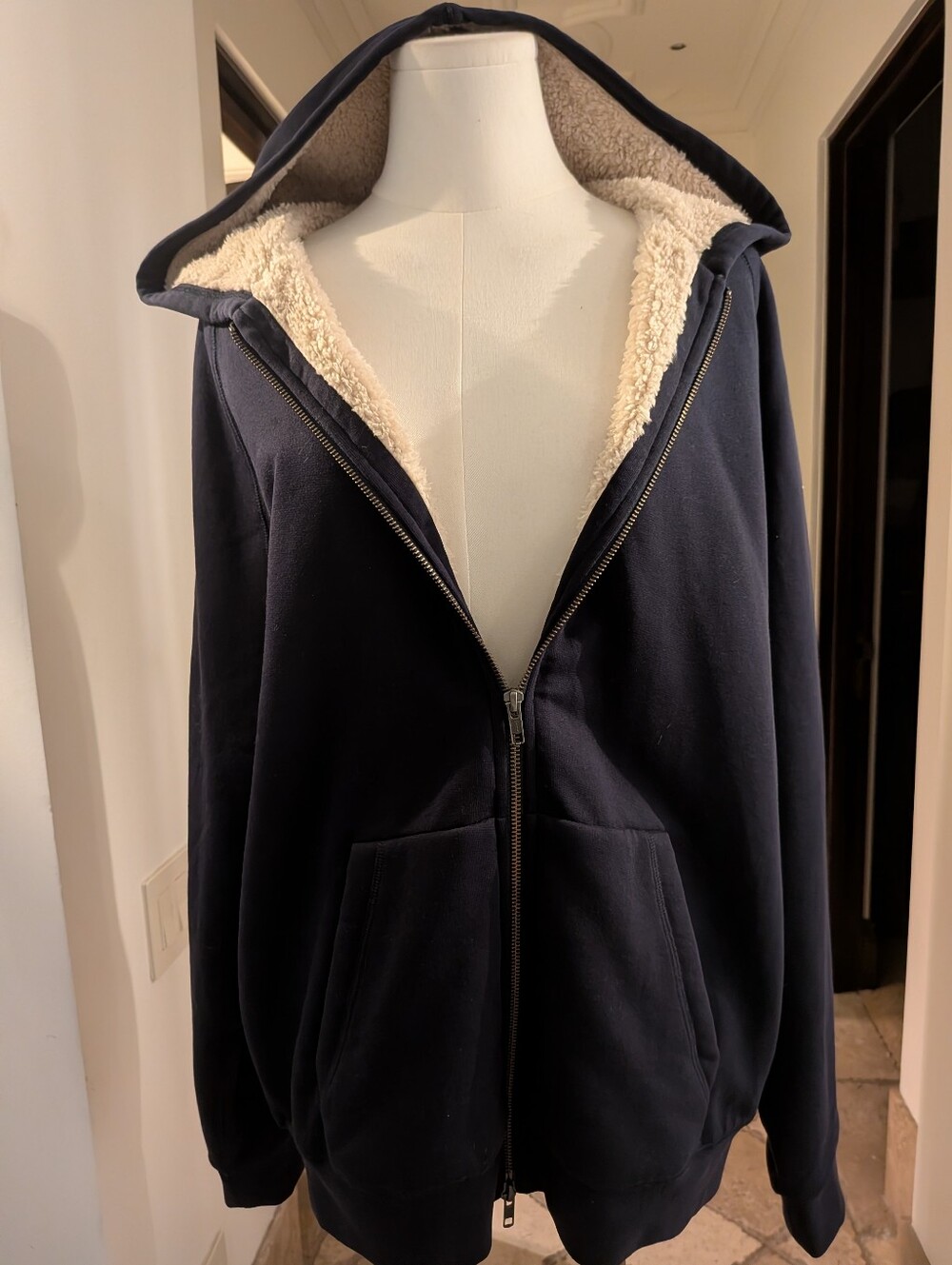 Vince NWT Men's Faux Fur Lined Full Zip Hoodie Coastal Blue M - Picture 9 of 10